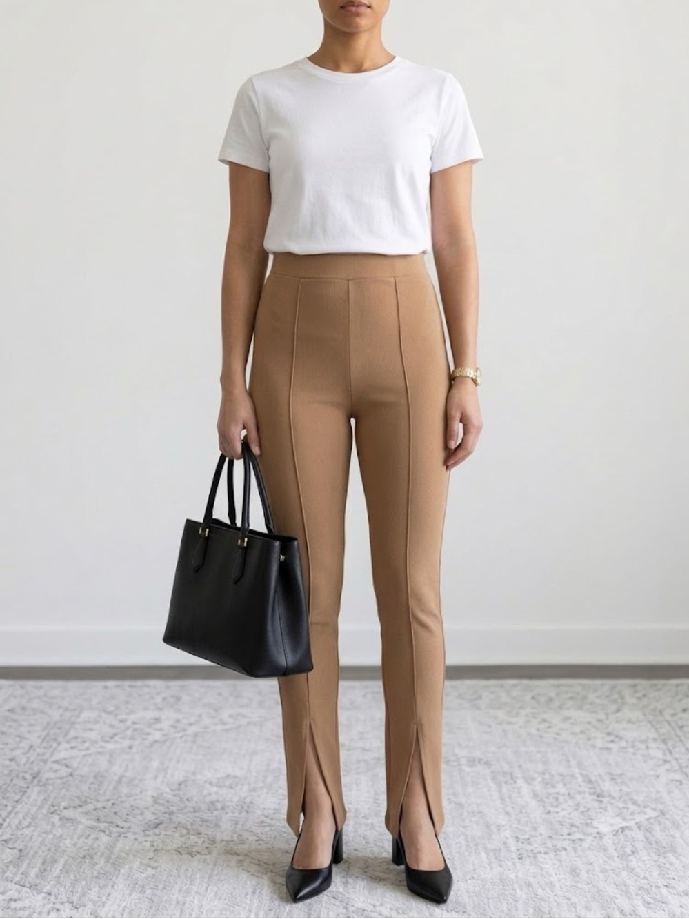 ZARA High Waisted Split Hem Pants Camel Tan, Size M